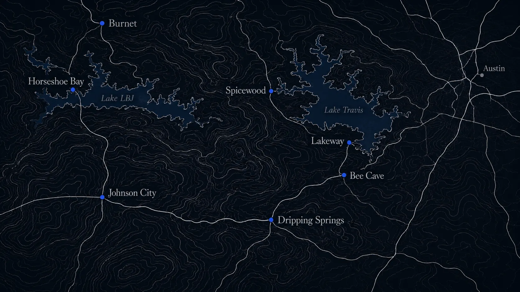 Map of the TSR Mobile Detailing service area: Lakeway, Bee Cave, Spicewood, Dripping Springs, Johnson City, Horseshoe Bay and Burnet, Texas